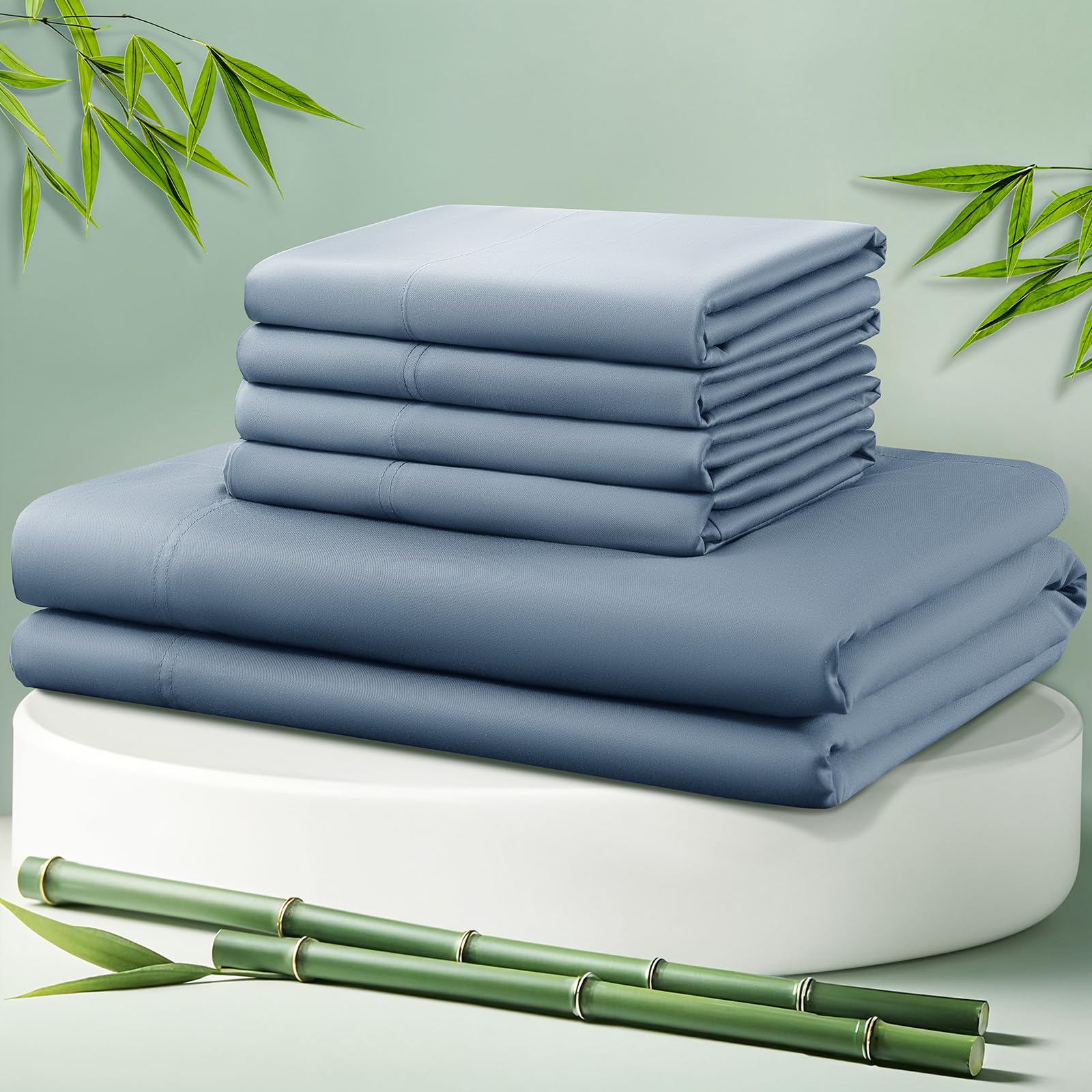 Photo 1 of LBRO2M Cooling Bed Sheet 100% Viscose Derived from Bamboo Sheet Set Queen Size 6 Piece,16" Deep Pocket, 1800 TC Sheet Super Soft Silky Smooth,Breathable Cool (Queen Dusty Blue)