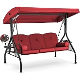 HOMREST 3 Seat Porch Swing with Adjustable Canopy, Patio Swing with Stand | Convertible Outdoor Swing Bed for Backyard &amp; Garden, Thicken Cushion &amp; Pillow Patio Glider Swing with Cup Holder(Wine Red)