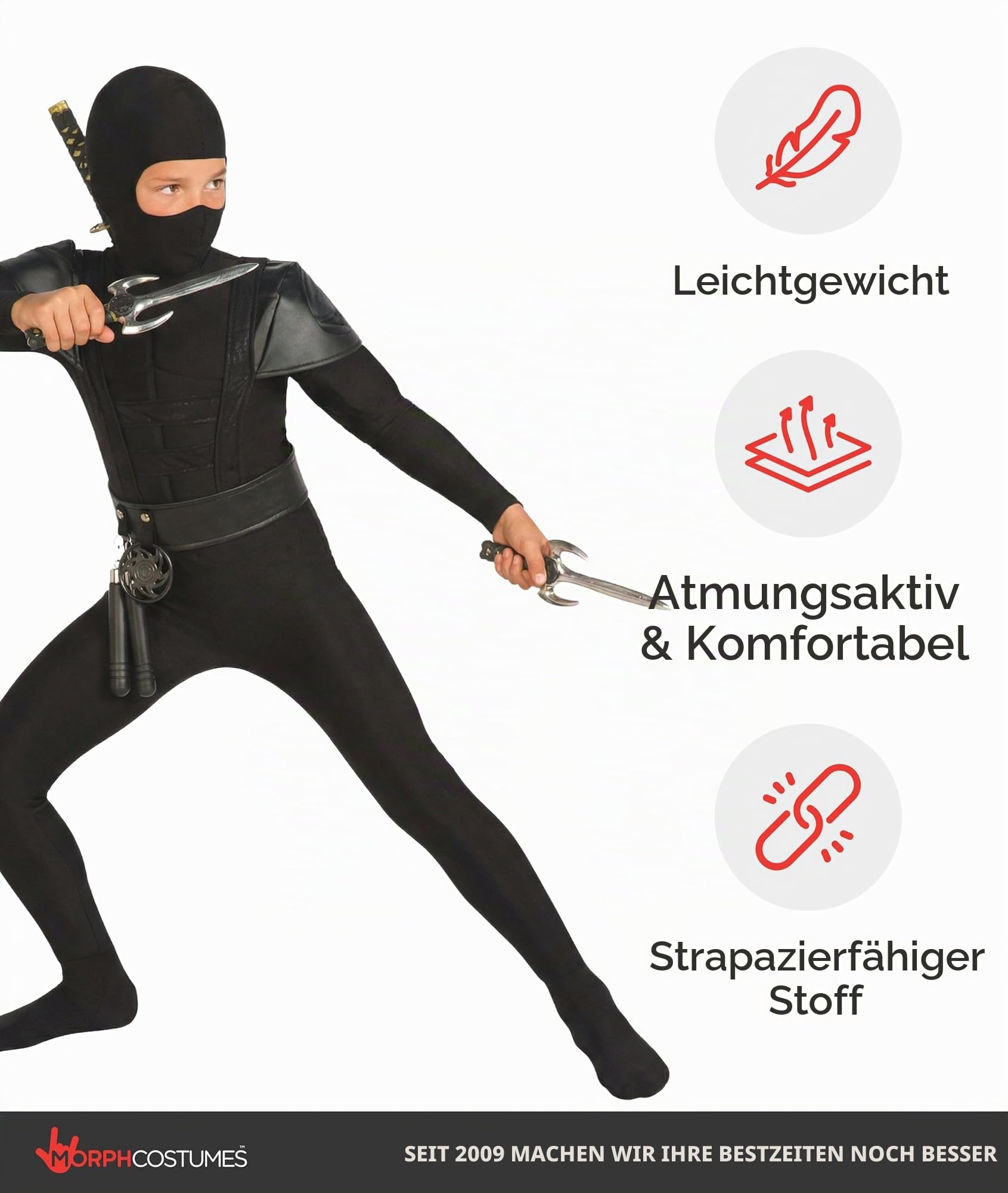Morph Ninja Kostüm Kinder Jungen und Mädchen, Ninja Anzug Schwarz, Faschingskostüme Kinder Junge, Karneval Kostüm Kind, 4-6 Jahre 7