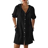 Bsubseach Cotton Swimsuit Cover Up For Women Button Down Hooded Shirt Short Sleeve Beach Cover Ups Black M