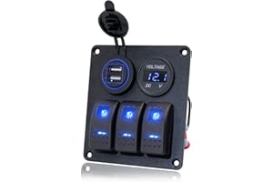 3 Gang Switch Panel, EilxMag Blue Marine Rocker Switch Panel Waterproof with 12V/24V Dual USB Slot Socket Voltmeter for Car M