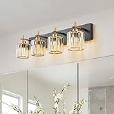HUOKU Black Gold Crystal Bathroom Vanity Light, Modern 4-Lights Bathroom Light Fixtures Over Mirror, Crystal Wall Lighting wi