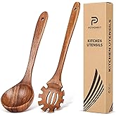 Wooden Spoons for Cooking,2 Pcs Wooden Utensil Set of Soup Ladle &Spaghetti Pasta Spoon with Teeth, Teak Wood Soup Ladle&Slotted Pasta Fork Strainer Spoon Set for Serving Collecting Noodle Gravy Sauce