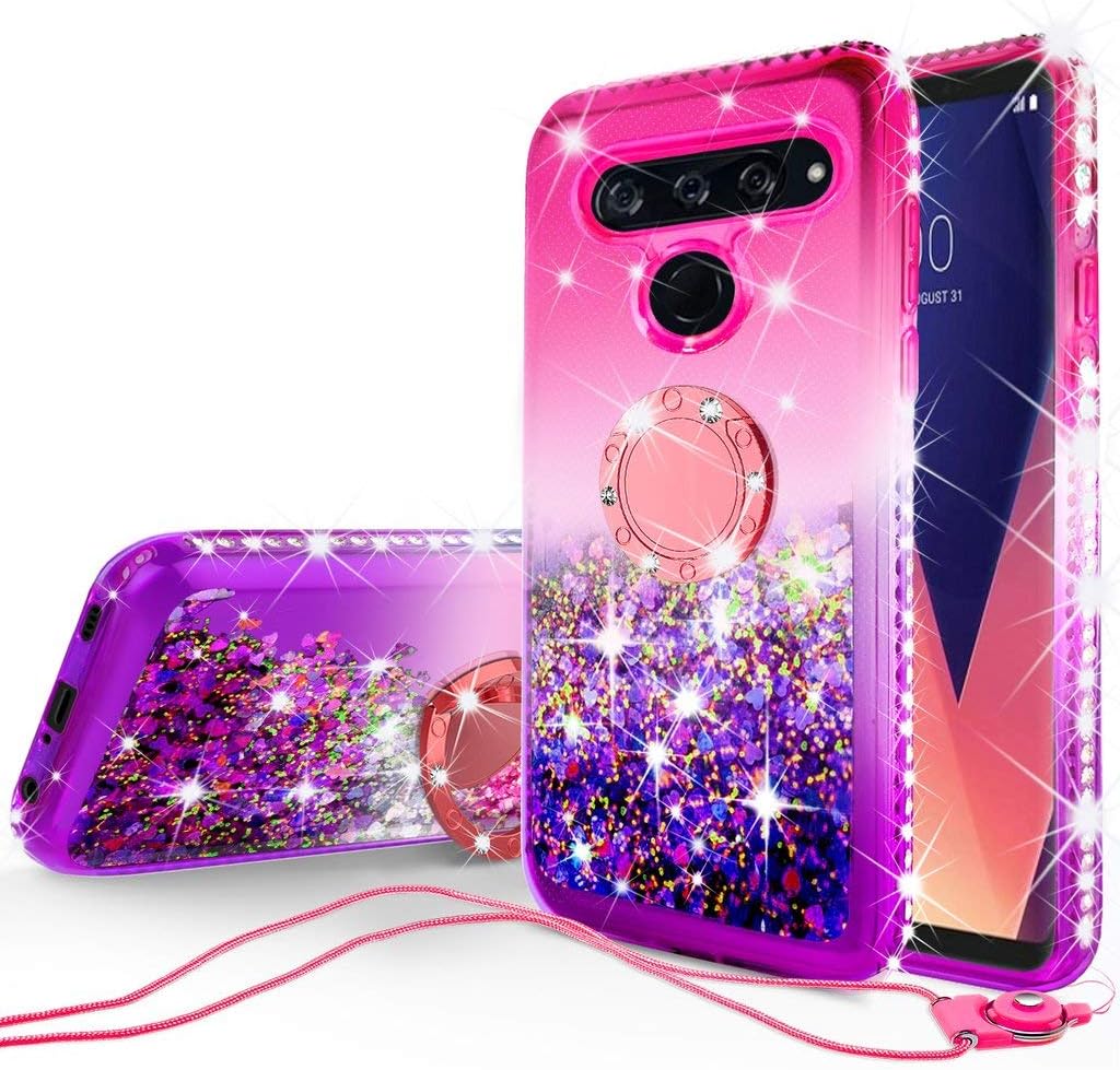 GW Cases for LG V40/V40 ThinQ Case Cute Liquid Glitter Ring Kickstand Shock Proof Phone Case Bling for Girls Women Compatible for LG V40/V40 ThinQ - Hot Pink/Blue