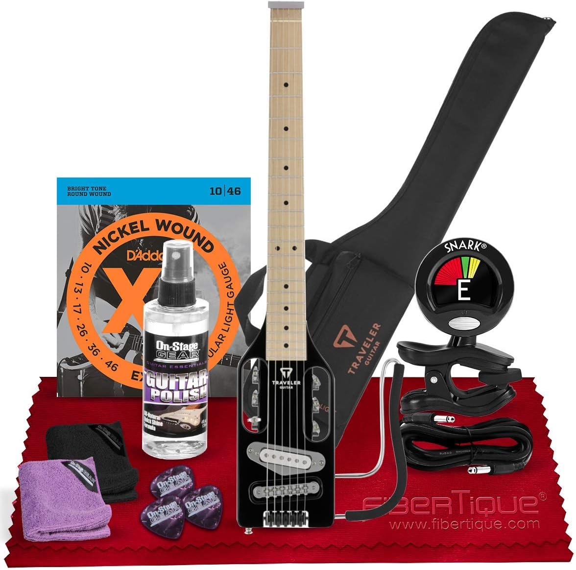 Traveler Ultra-Light Electric Guitar (Gloss Black) (ULES BKGMP)+ Clip-On 360° Rotating Tuner, Guitar Strings, Xpix 1/4" TRS Cable, Universal Guitar Care Kit & Fibertique Microfiber Cleaning Cloth