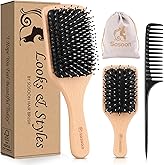 Hair Brush, 2 Pack Boar Bristle Paddle Hairbrush for Women Men Kids Reducing Frizzy, No More Tangle, Small Travel Brush Tail 