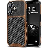 TENDLIN Compatible with iPhone 16 Phone Case Wood Grain with Carbon Fiber Texture Design Leather Hybrid Slim Case (Black)