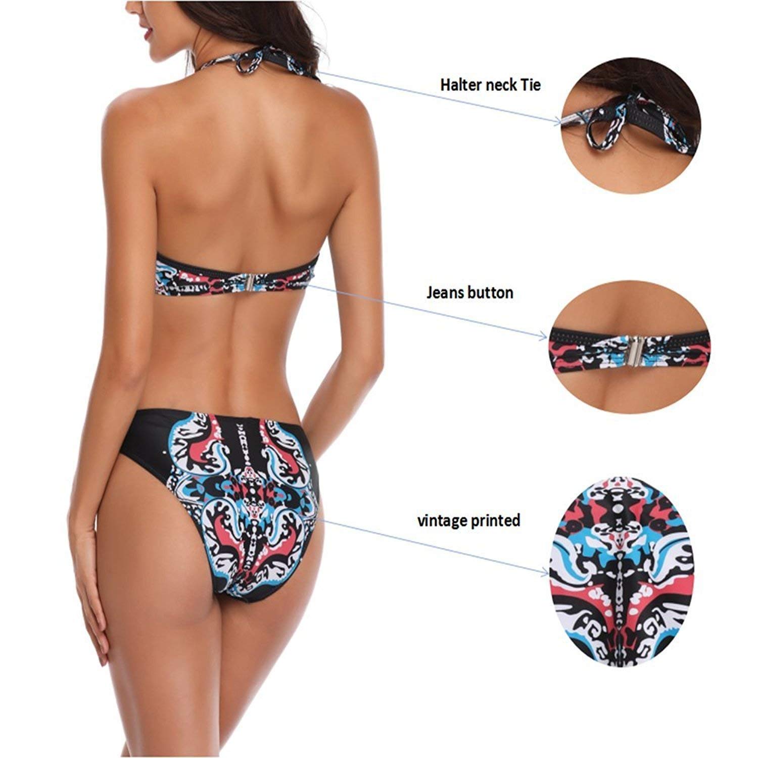 Memory baby Women\'s Retro Boho Flounce Falbala Low Waist Chic Swimsuit Black XL