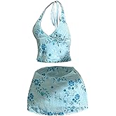 SweatyRocks Women's Y2K Two Piece Sets Sequin Beaded Halter Crop Top Mini Skirt Beach Vacation Outfits