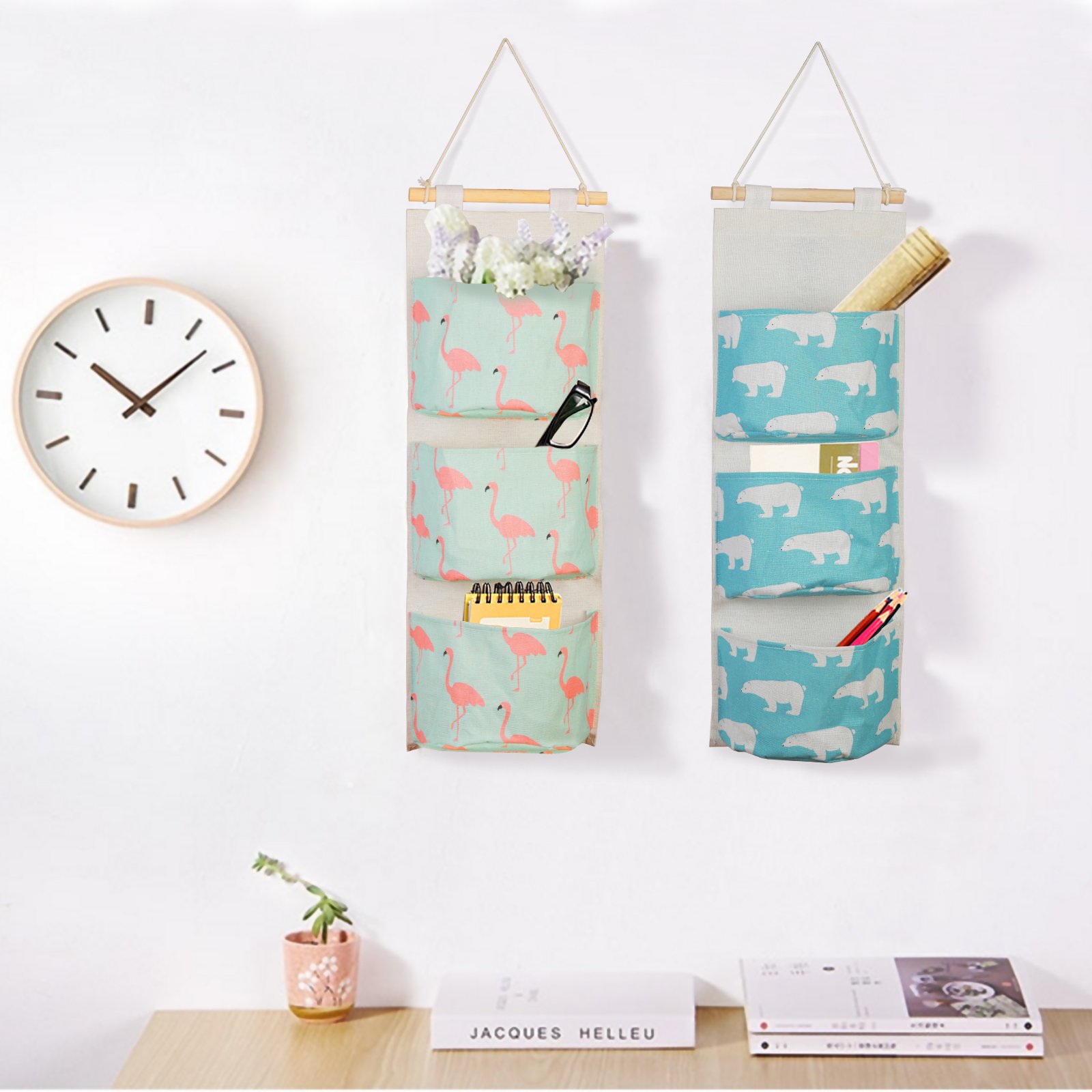 LANMOK 2 Pcs Hanging Storage Bags Case Cotton Closet Organizer Over The Door Wall Baskets with 3 Pockets 2 Pcs Self Adhesive Hooks for Kitchen Bedroom Bathroom Office