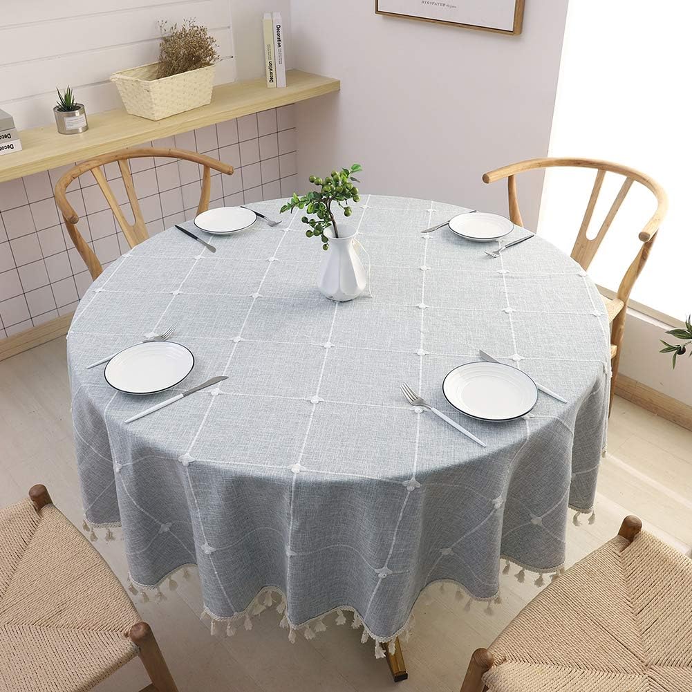 SPRICA Round Tablecloth, Cotton Linen Tassel Table Cover for Kitchen Dinner Table, Decorative Jacquard Table Desk Cover, Diameter 150cm/60in, Cross Pattern Gray: Furniture & Decor