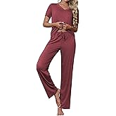 Ekouaer Women's Pajamas Set Soft 2 Piece Lounge Sets V-neck Sleepwear Short Sleeve Top Pants with Pockets