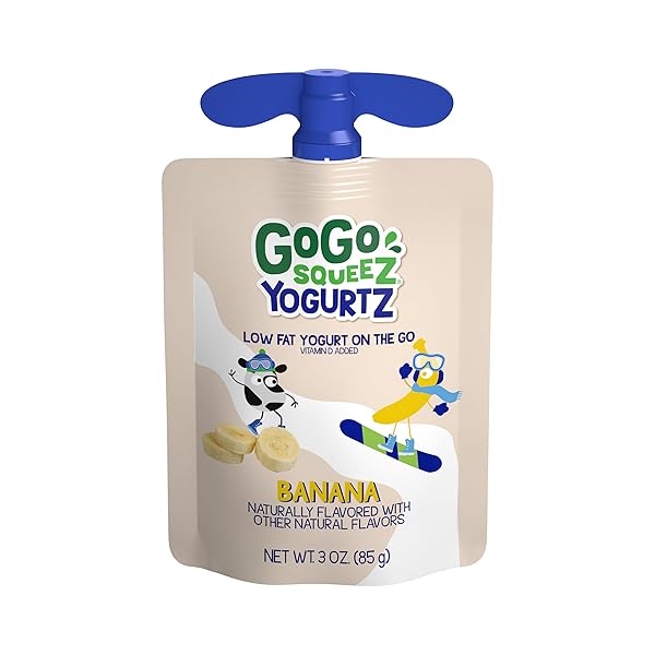 GOGO SQUEEZ YOGURTZ BANANA, 3 OZ (PACK OF 4), KIDS SNACKS MADE FROM REAL YOGURT AND FRUIT, PANTRY FRIENDLY, NO FRIDGE NEEDED, GLUTEN FREE AND NUT FREE, RECLOSEABLE CAP, BPA FREE POUCHES
