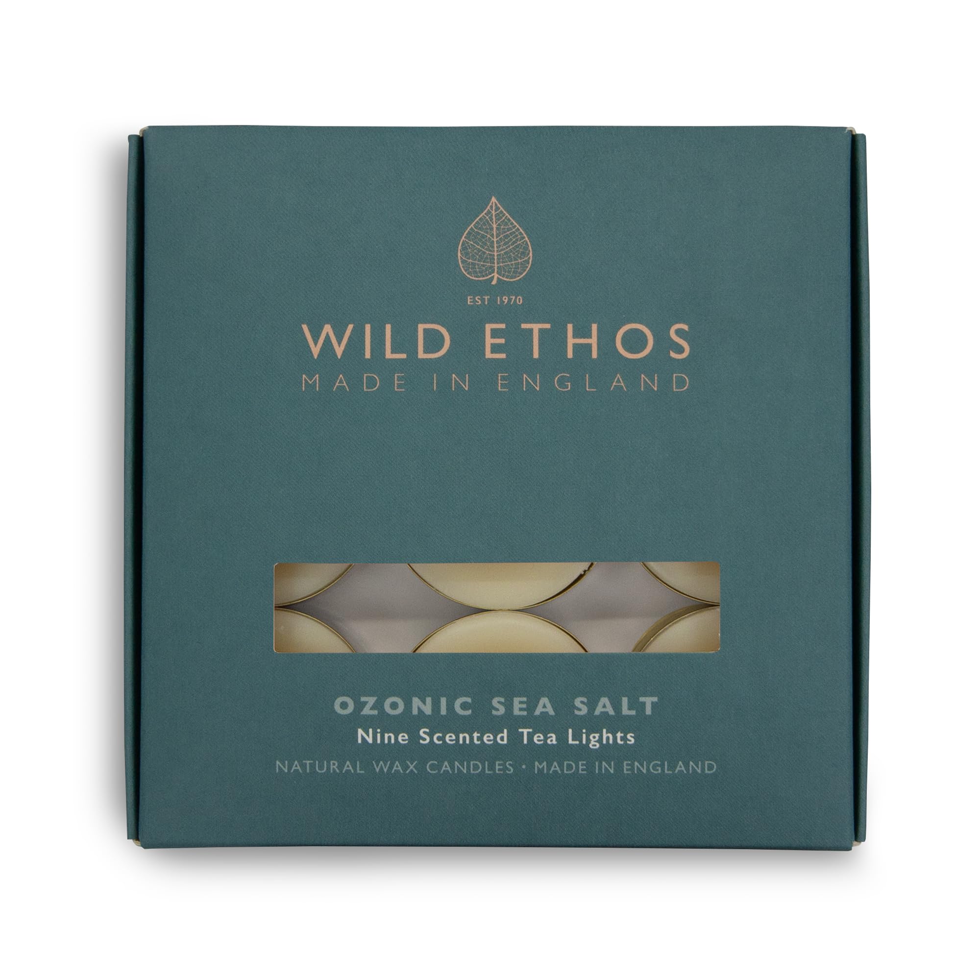 Wild Ethos Scented Tea Lights - Natural Wax - Long Lasting & Blended Natural Essential Oils - Pack of 9 - Made in The UK - Select Your Scent (Ozonic Sea Salt)