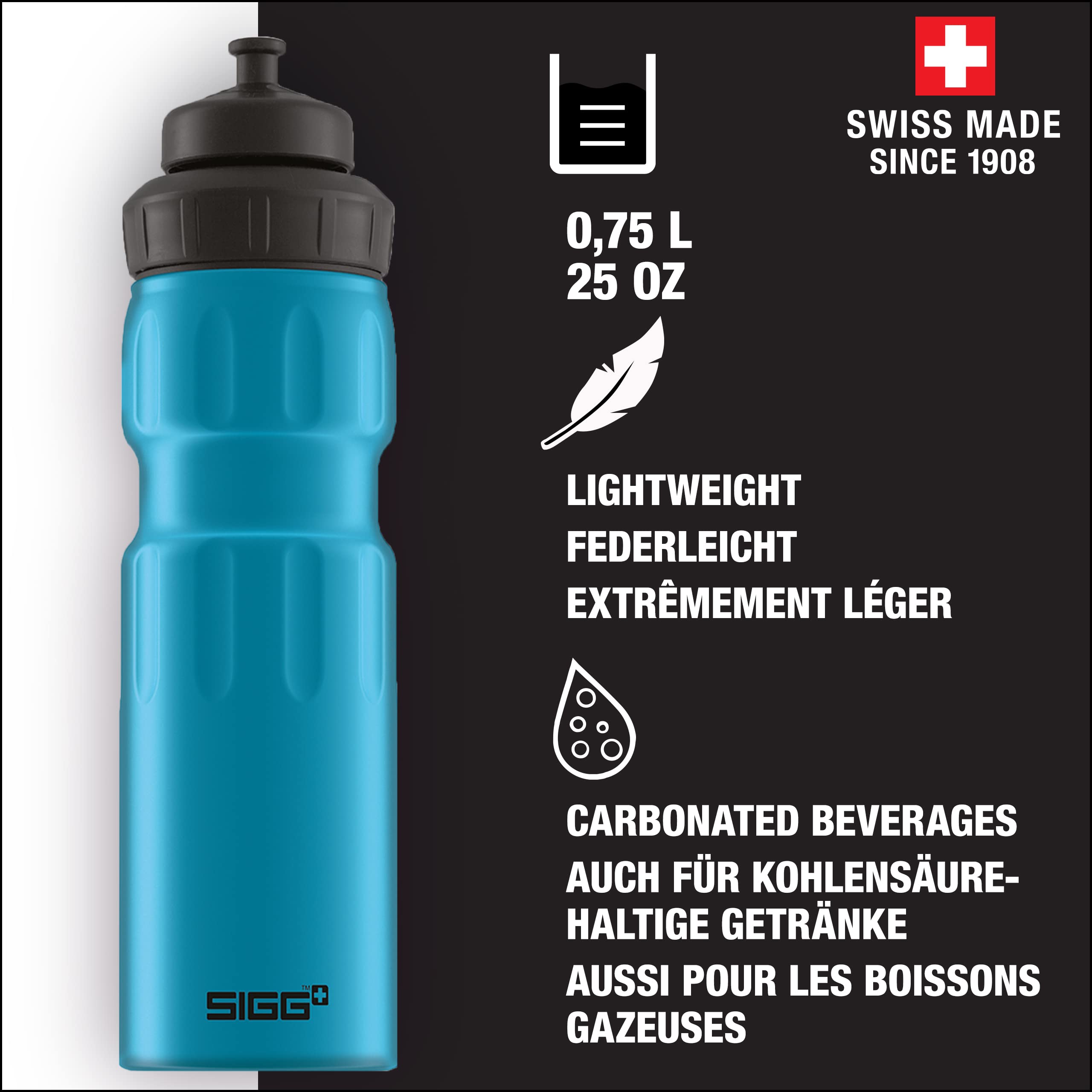 Sigg - Sports Water Bottle - WMB Sports Blue - With 3-Stage Sports Cap - Made in Switzerland - Leakproof - Lightweight - Metal - BPA Free - 25 Oz
