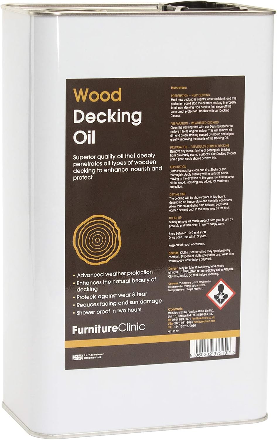 Furniture Clinic Decking Oil 5L, Enhance & Nourish Wood, Clear Protection Treatment for Wooden Deck, Outdoor Sealer