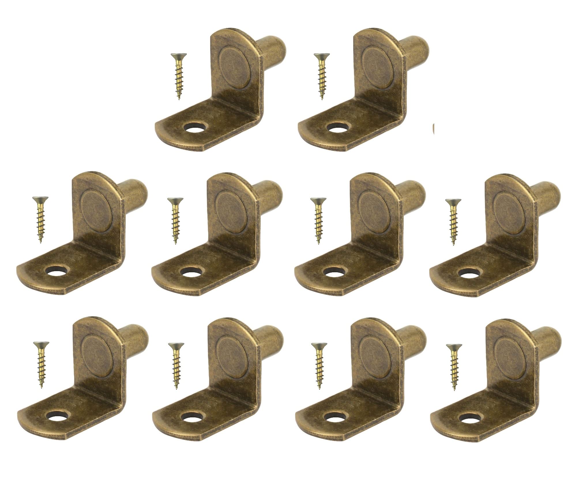 TERF® Traditional Style Antique Bronze Plated L-Shape Bracket Furniture Shelf Support Pegs Push In Pin with Hole for Kitchen Cabinet Wardrobe Bookcase Closet including Fixing Screw - Pack of 10