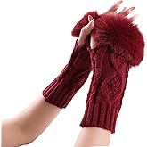 PESAAT Knit Arm Warmers Faux Fur Fingerless Gloves for Women Winter Wrist Warmers with Thumb Hole
