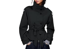 Womens Cropped Trench Coat High Collar Long Sleeve Loose Double Breasted Fashion Fall Winter Coats with Belt