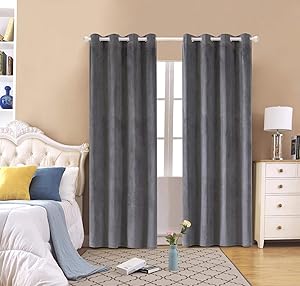 FengChang Blackout Velvet Curtains Grey Soft Luxury Drapes Window Treatment 2 Panels (Light Grey, L52'' X W72'')