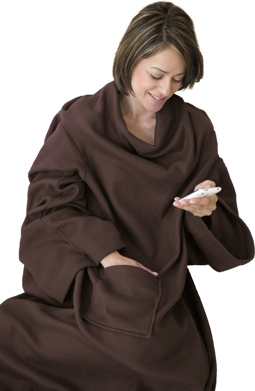Napa Soft Fleece Blanket with Sleeves And Pockets Brown, Super Cozy Microplush Fleece Wearable Throw for Women and Men Adult Comfy Throw Robe, 53" x 71"