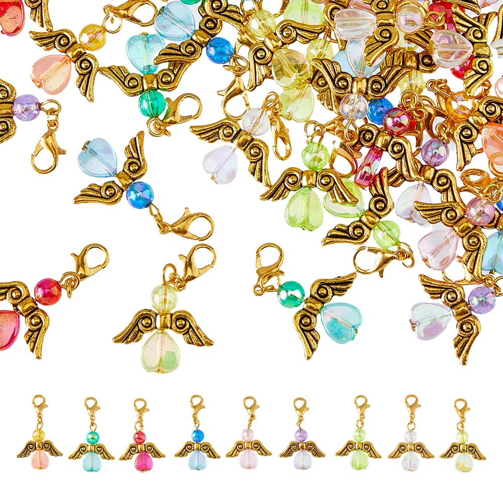 SUPERFINDINGS 36Pcs 9Colors Acrylic Dangle Charms Clip on Charms with Zinc Alloy Lobster Claw Clasps Angel Wing Charm Heart Beads Pendant Fairy Dangle Pendants for Jewelry Making
