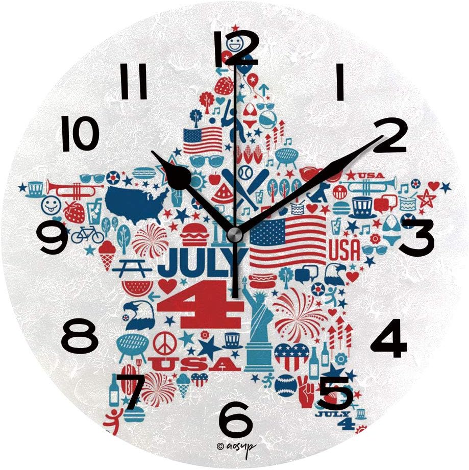 Amazon.com: ALUONI 10 inch Round Clock 4Th of July Icons and Symbols Within A Star Shape Unique 