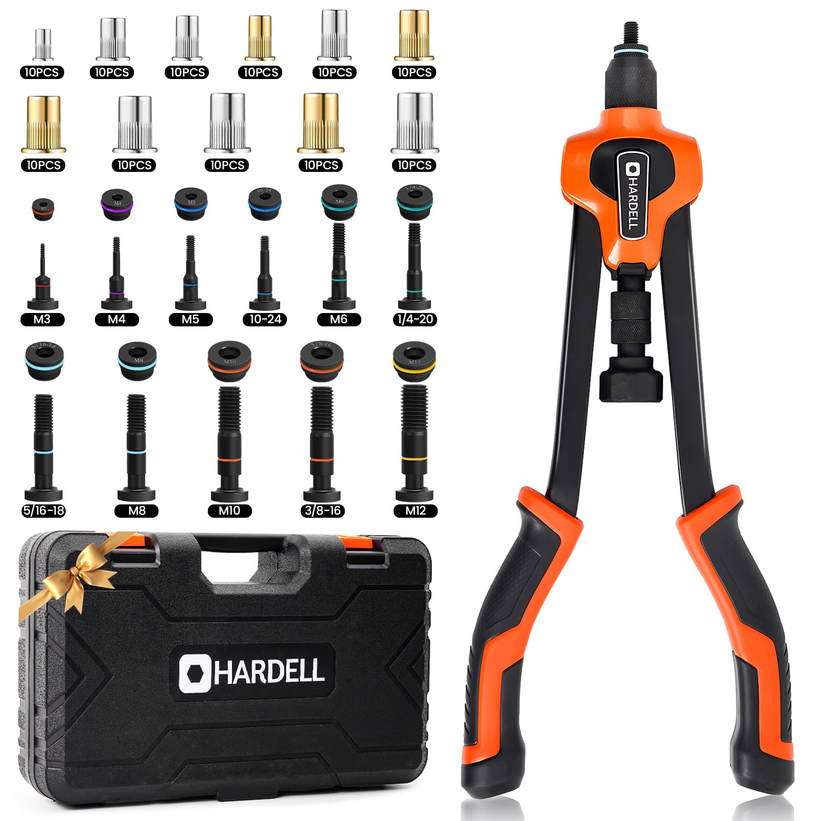 HARDELL Rivet Nut Tool Kit, 16-Inch Upgraded Thickened Rivet Nut Tool with 11 Metric & SAE Color Matching Mandrels, 110Pcs Nutsert Assortment & Rugged Carrying Case- for Beginners, Professional Users