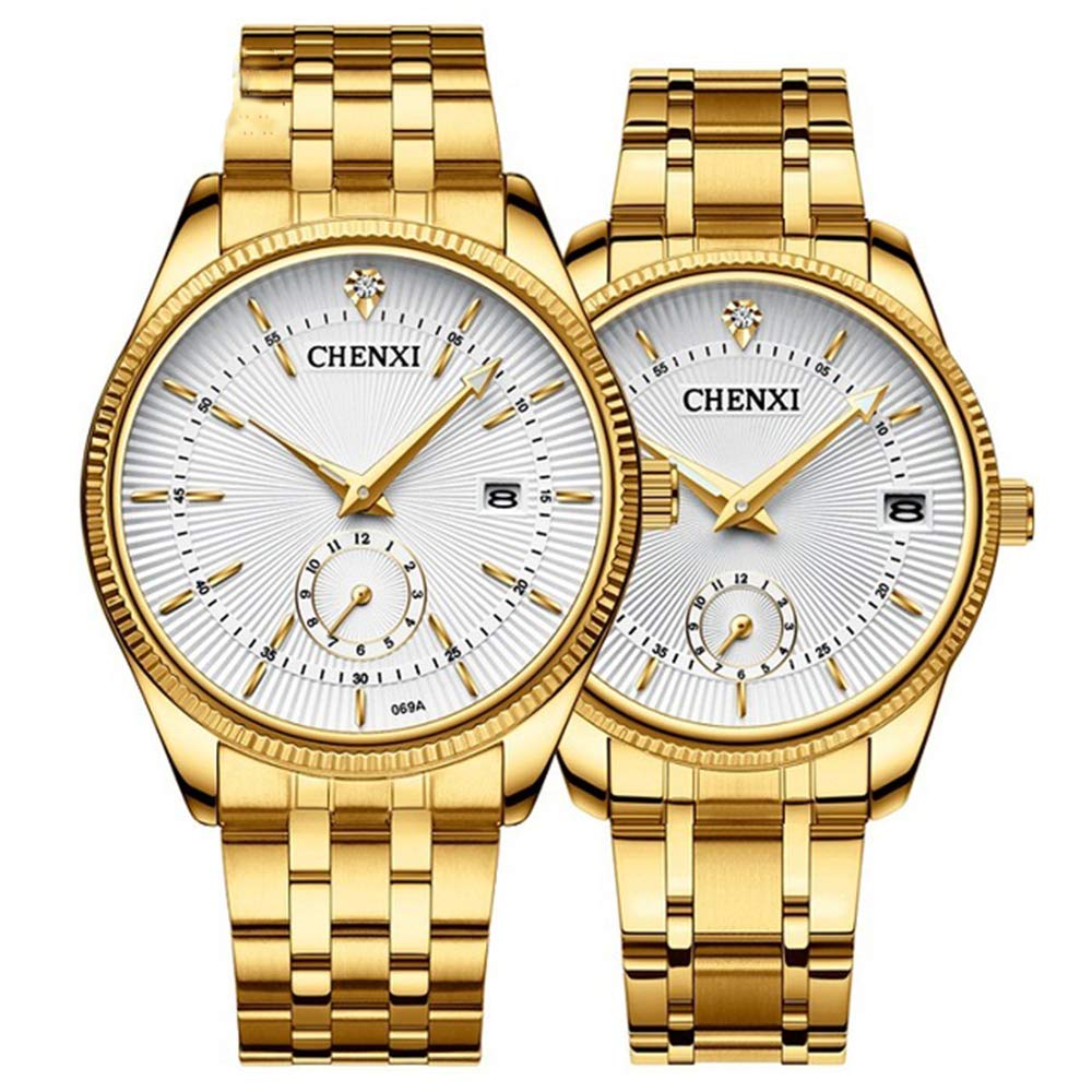 MASTOP Couple Watches Dress Wrist Watch Golden Watch Men Women Stainless Steel Waterproof Quartz Watch, White, Quartz Watch