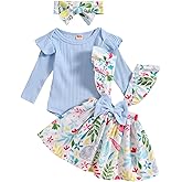 Newborn Baby Girl Easter Outfits Long Sleeve Bodysuit Romper Bunny Eggs Print Suspender Skirts with Headband