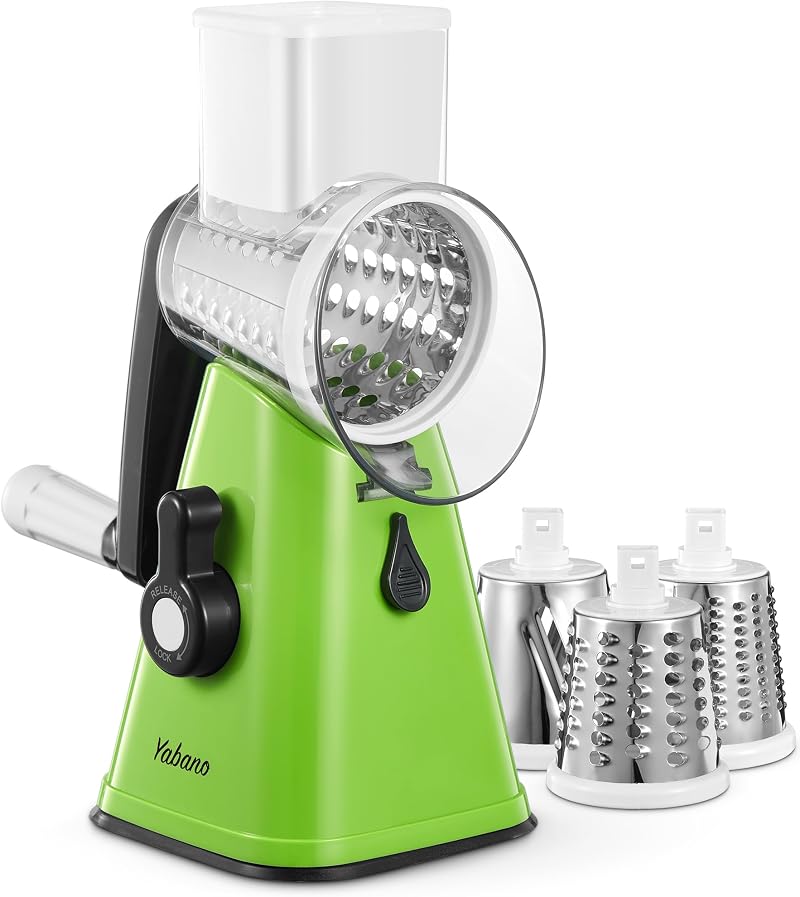 Yabano Rotary Cheese Grater Vegetable Slicer with 3 Stainless Drums