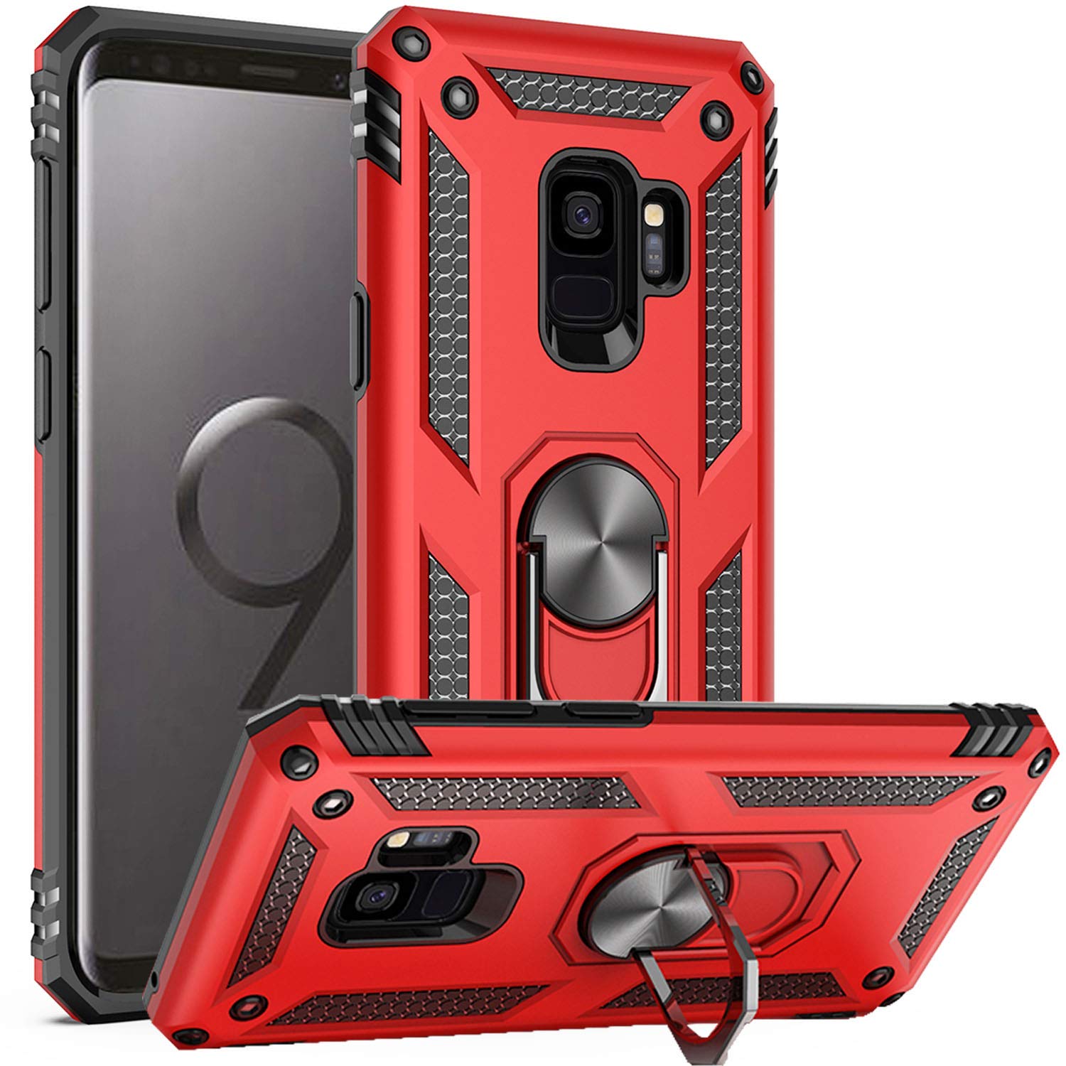 Fetrim Case for Galaxy S9, Dual Layer Shockproof Protective Phone Case with Rotation Ring Kickstand for Samsung Galaxy S9 Red