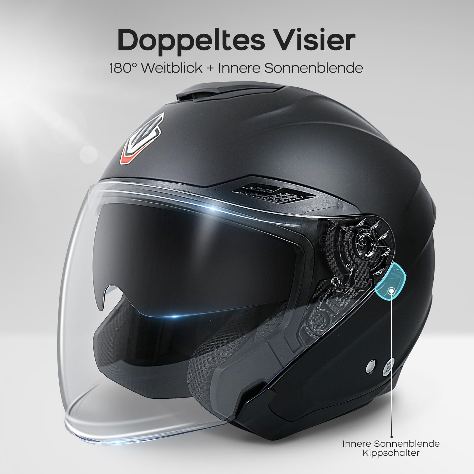 NENKI Rollerhelm für Motorradfahrer, Motorradhelm ECE 22.06, Jethelme mit Doppelvisier und Sonnenblende, Halbhelme für Damen Herren (Matt Schwarz, XL) 4