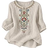 qvdvap Womens Embroidered Cotton Linen Shirts 3/4 Sleeve Plus Size Boho Gauze Tops 2026 Casual Trendy Blouse