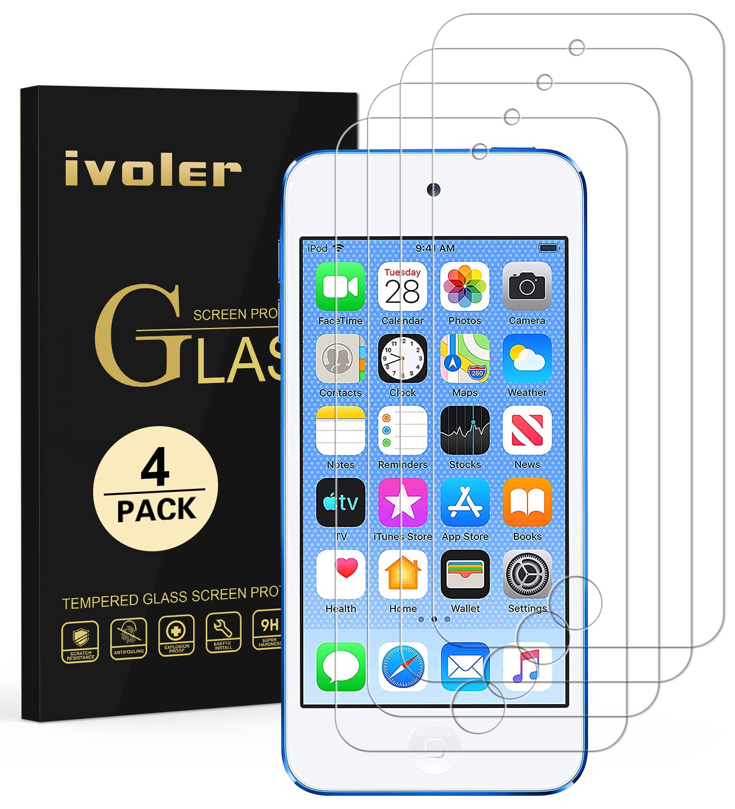 Photo 1 of [4 Pack] iVoler [Tempered Glass] Screen Protector Compatible iPod Touch 7G 2019 6G 5G (7th 6th 5th Generation), 0.2mm Ultra Thin 9H Hardness 2.5D Round Edge