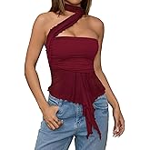 Milumia Women Going Out Halter Tops Ruched Mesh Bandeau Top with Scarf