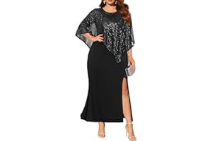 PINUP FASHION Plus Size Formal Dress - Wedding Guest Long Evening Cocktail Mermaid Dress with Sequin Overlay Cape