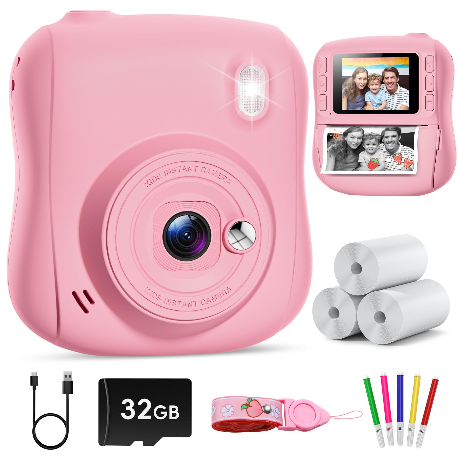 Hangrui Kids Camera Instant Print, HD Instant Camera for Kids with 32GB Card & Print Paper, 14MP 1080P Kids' Digital Cameras, Christmas Birthday Gifts Toy for Girls & Boys Aged 3-10 -Pink — image 1