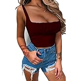 Women Crop Tank Top Sexy Square V Neck Double Lined Ruched Corset Cute Cropped Sleeveless Cami Summer Outfit Going Out Top