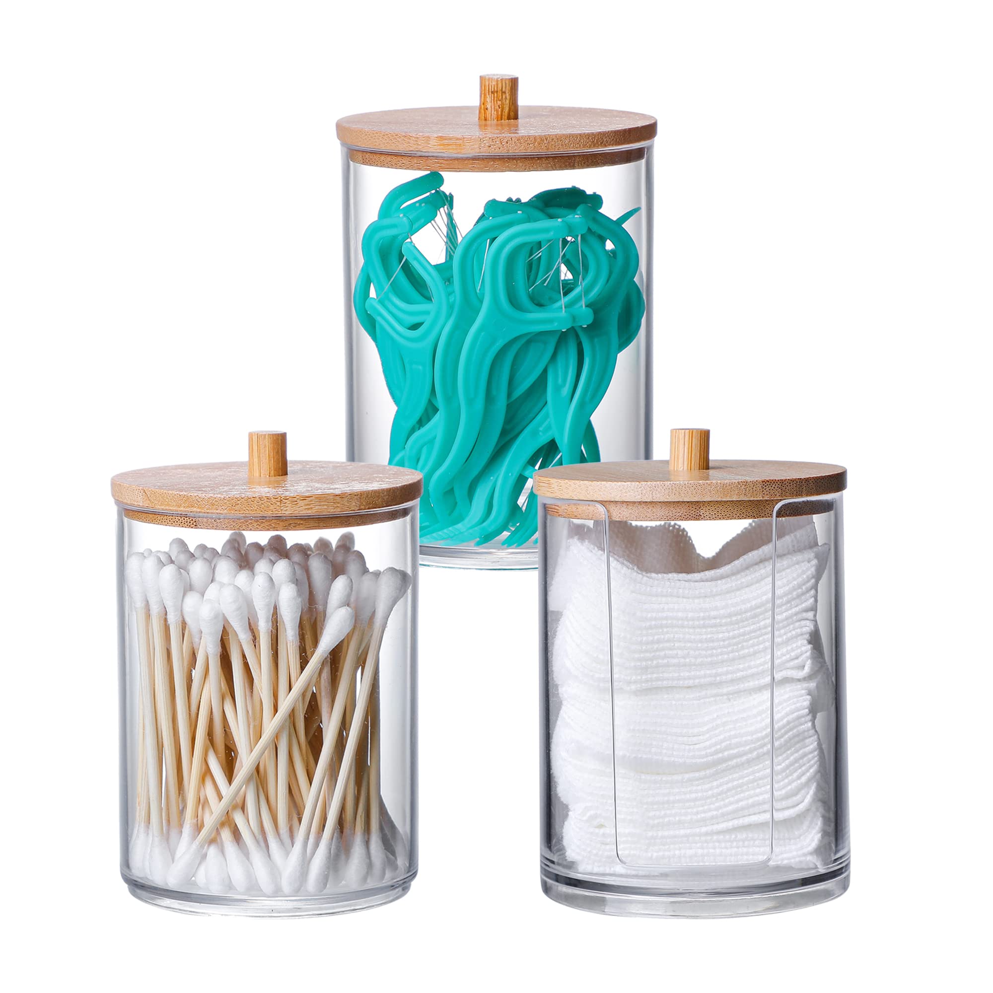 INCETUE 3PCS Cotton Pad Holder with Bamboo Lid for Bathroom Storage, Acrylic Cotton Swab Dispenser, Clear Round Cotton Wool Bud Jar for Vanity, Small Qtip Container, Makeup Organiser Set