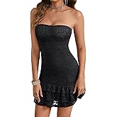 Vrtige Women's Floral Lace Tube Layered Hem Bodycon Sexy Mini Dress with Lining