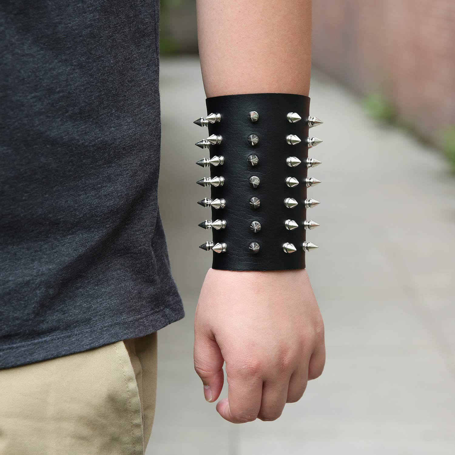 HZMAN Unisex Black Metal Spike Studded Punk Rock Biker Wide Strap Leather Bracelet