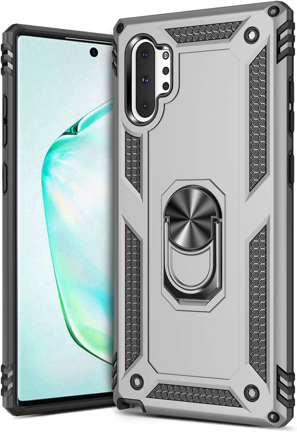 GREATRULY Ring Kickstand Phone Case for Samsung Galaxy Note 10 Plus,Heavy Duty Dual Layer Drop Protection Galaxy Case for Note 10+,Hard Shell + Soft TPU + Ring Stand Fits Magnetic Car Mount,Silver