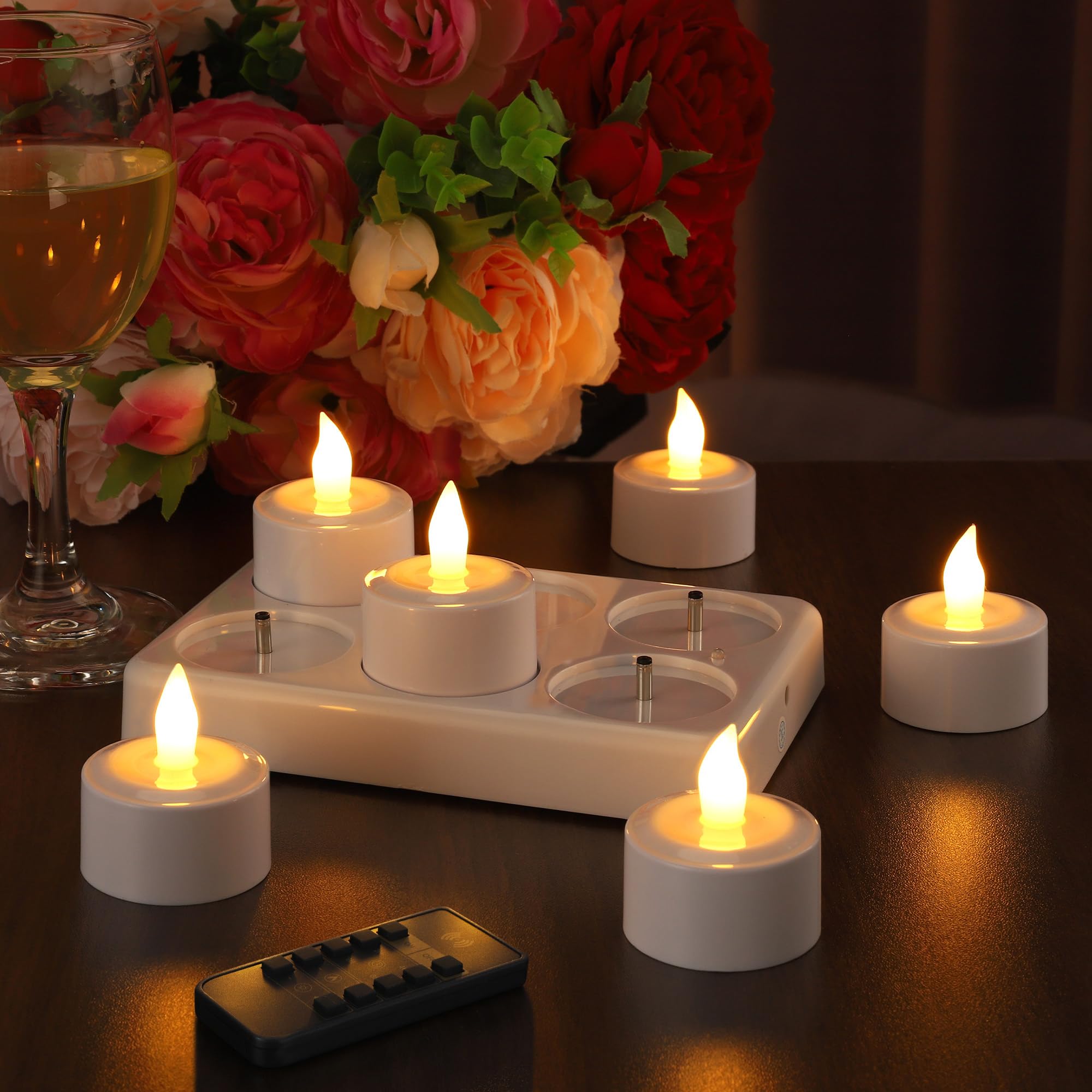 EXTSUD Set of 6 Rechargeable LED Tea Lights- Flickering Flame, Charging Station, and Remote - Perfect for Christmas, Birthdays, Weddings, Tables, Restaurants, and Hotels, Yellow
