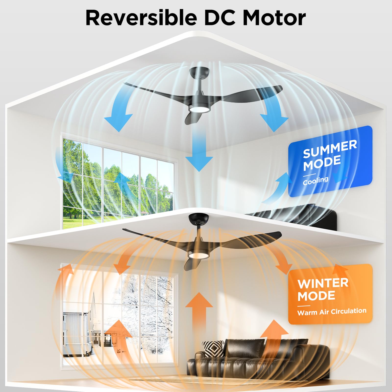 Roomratv Ceiling Fans with Lights, 52 Inch Ceiling Fan with Light and Remote, Black Ceiling Fan, DC Motor, 6 Speed, Quiet Noiseless, 3 CCT, Reversible, Plastic Blades, Indoor for Living Room Bedroom