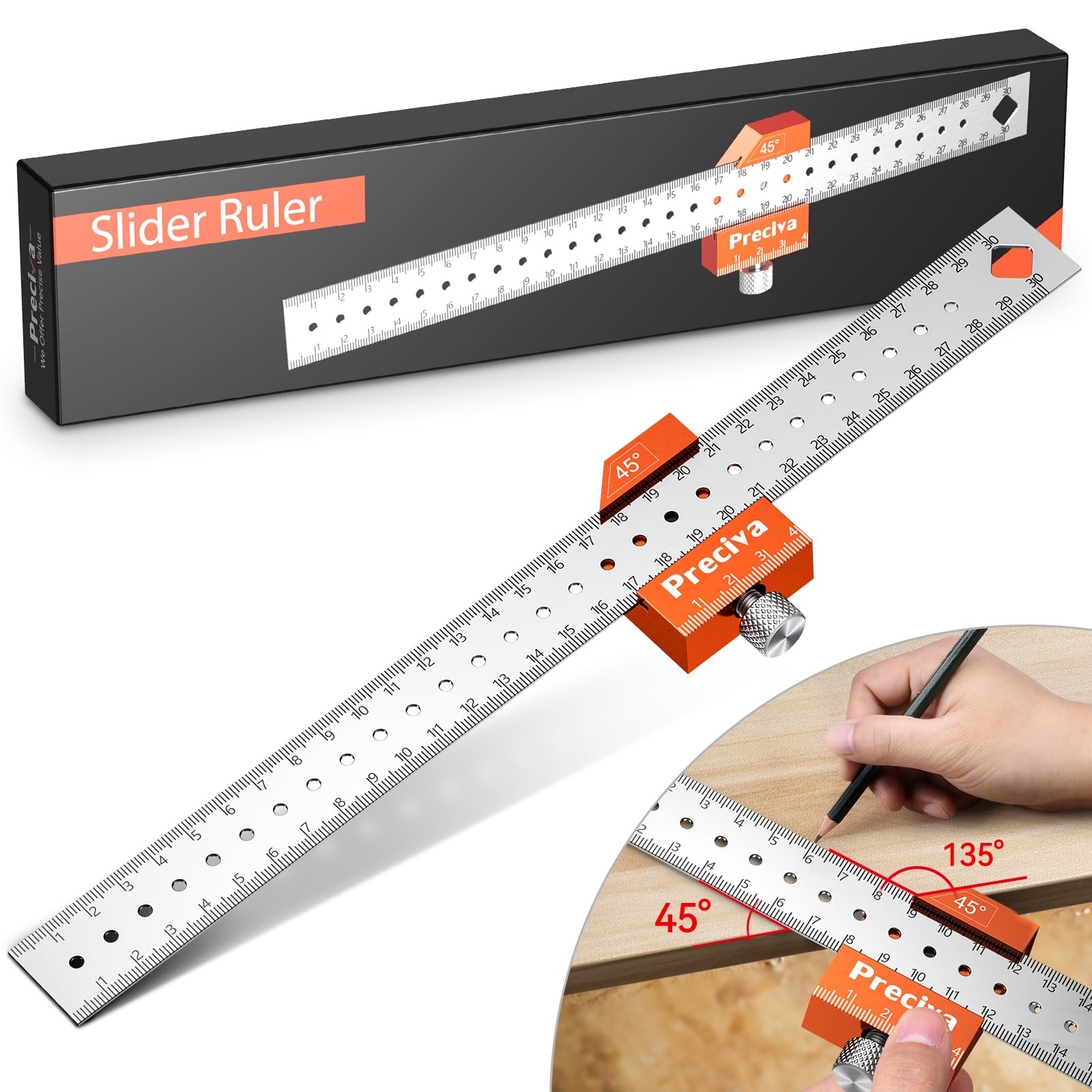Carpenter Square Tool, Preciva Combination Set Squares 12 Inch/300mm, 45 90 degrees Stainstainless Steel Engineer Angle Ruler Slider Ruler Carpentry Measuring Tool for Woodworking, Marking