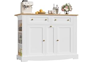 FACBOTALL Kitchen Island with Storage, Kitchen Cart with Drop Leaf Countertop, Island Table with Open Spice Rack, 2 Drawers & Pull-Out Slim Bar Cart, White