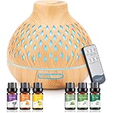 SPLITSKY 400ml Essential Oil Diffuser with Remote and 6 Essential Oils | Aromatherapy diffuser with 7-color LED light, quiet mist, timers and waterless auto shut-off for bedrooms and offices.