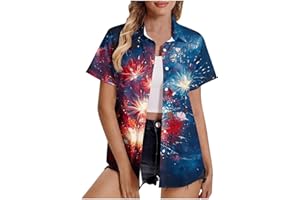 TXXEOSS Women American Flag Shirts Patriotic Camp Shirt 4th of July Tops USA Flag Red White Blue Top Button Up Plus Size