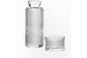 ALFI + MAG Alfi+Mag Bedside Glass Water Carafe and Tumbler Set - 24.7 Oz Water Bottle with 5.7 Oz Drinking Glass Cup for Nightstand, Mouthwash Decanter Bathroom Set, (Ripple Clear Glass)